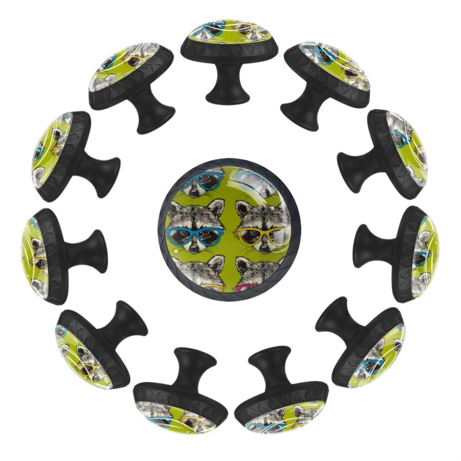12 Pcs Cabinet Knobs Heads of Cute Raccoons in Colored Glasses, Round Crystal Glass Drawer Dresser Wardrobe Handles Pulls Door Cupboard Hardware Knob with Screws for Home Kitchen