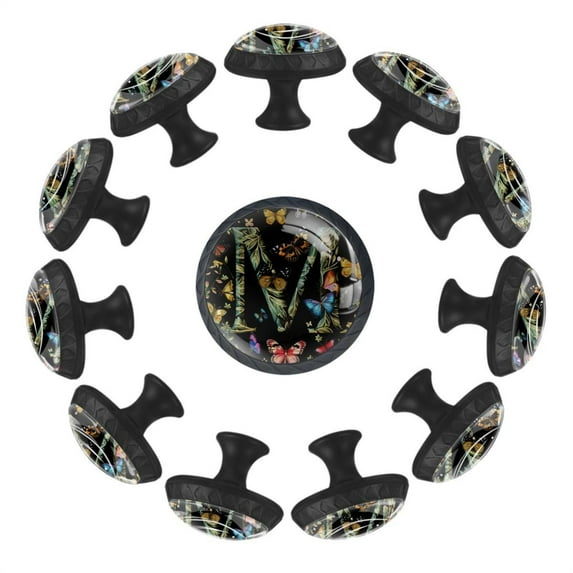 12 Pcs Cabinet Knobs Letter M with Colorful Butterflies Black Background, Round Crystal Glass Drawer Dresser Wardrobe Handles Pulls Door Cupboard Hardware Knob with Screws for Home Kitchen