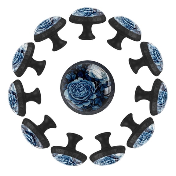 12 Pcs Cabinet Knobs Navy Blue Flowers Pattern, Round Crystal Glass Drawer Dresser Wardrobe Handles Pulls Door Cupboard Hardware Knob with Screws for Home Kitchen