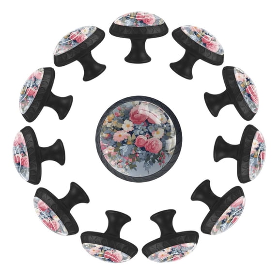12 Pcs Cabinet Knobs Pink Blossom Floral, Round Crystal Glass Drawer Dresser Wardrobe Handles Pulls Door Cupboard Hardware Knob with Screws for Home Kitchen