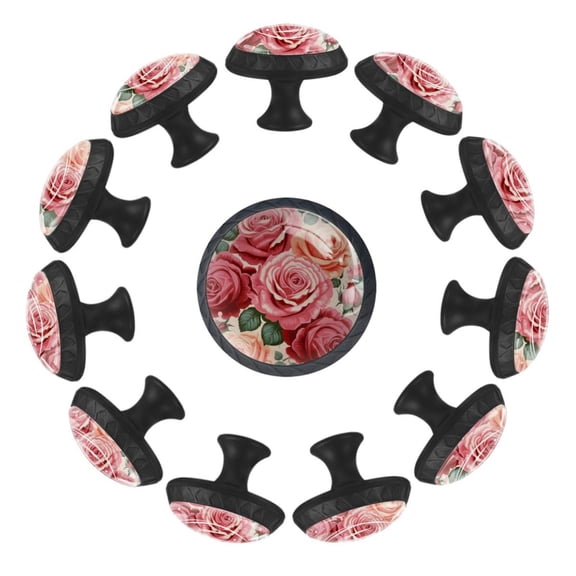 12 Pcs Cabinet Knobs Pink Rose Pattern, Round Crystal Glass Drawer Dresser Wardrobe Handles Pulls Door Cupboard Hardware Knob with Screws for Home Kitchen