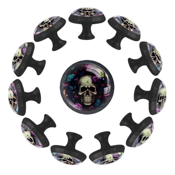 12 Pcs Cabinet Knobs Skull and Butterflies Aesthetic Pattern, Round Crystal Glass Drawer Dresser Wardrobe Handles Pulls Door Cupboard Hardware Knob with Screws for Home Kitchen
