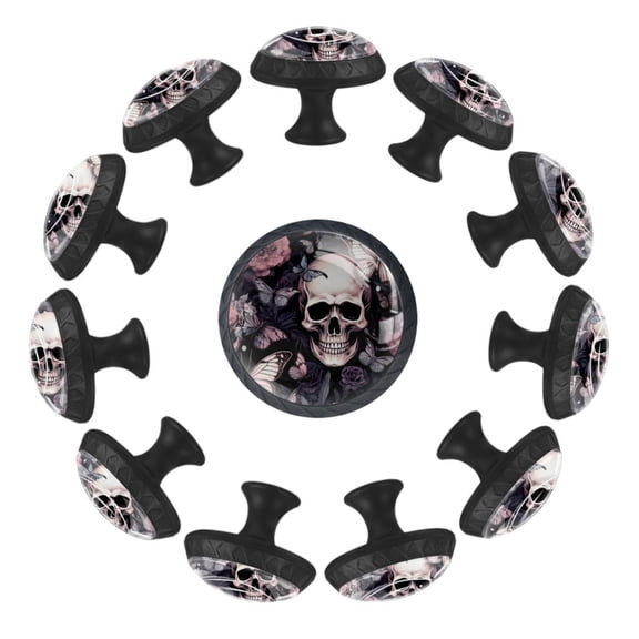 12 Pcs Cabinet Knobs Skull with Butterflies Pink Roses Pattern, Round Crystal Glass Drawer Dresser Wardrobe Handles Pulls Door Cupboard Hardware Knob with Screws for Home Kitchen