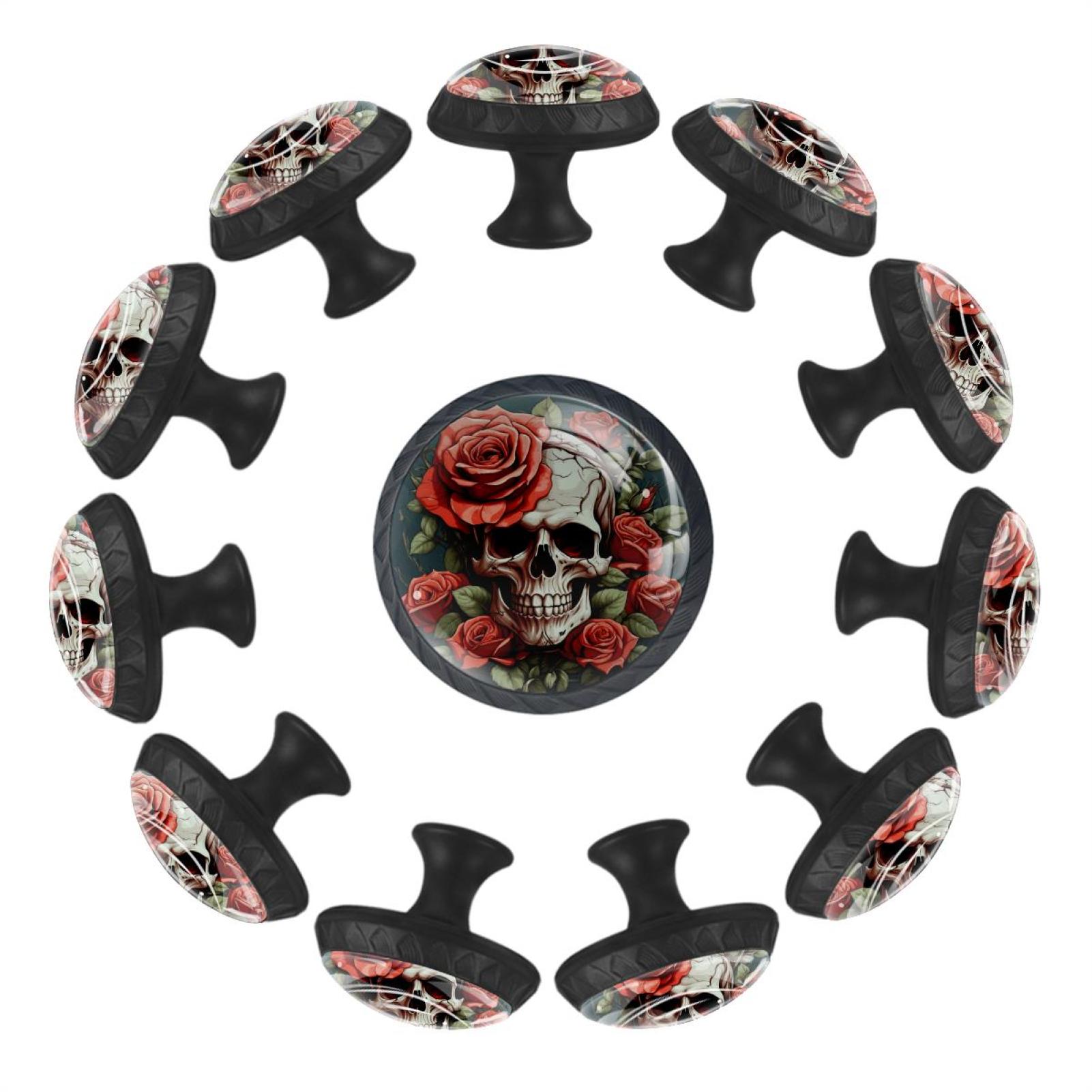 12 Pcs Knobs Skull Head with Rose, Round Crystal Glass Drawer