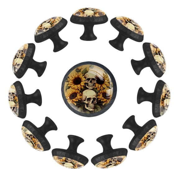 12 Pcs Cabinet Knobs Skull with Sunflowers Aesthetic Pattern, Round Crystal Glass Drawer Dresser Wardrobe Handles Pulls Door Cupboard Hardware Knob with Screws for Home Kitchen