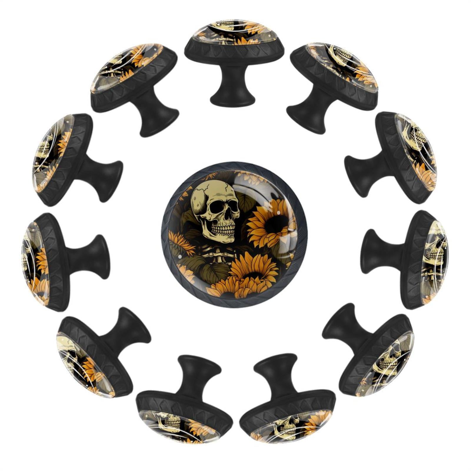 12 Pcs Knobs Skull with Sunflowers Aesthetic Pattern, Round