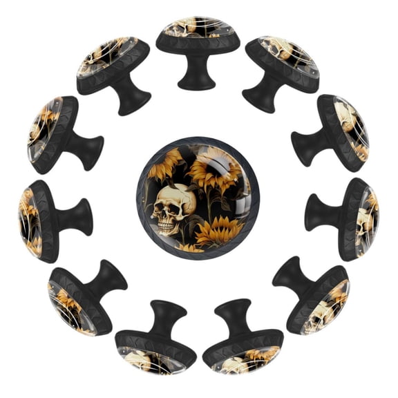 12 Pcs Cabinet Knobs Skull with Sunflowers Aesthetic Pattern, Round Crystal Glass Drawer Dresser Wardrobe Handles Pulls Door Cupboard Hardware Knob with Screws for Home Kitchen