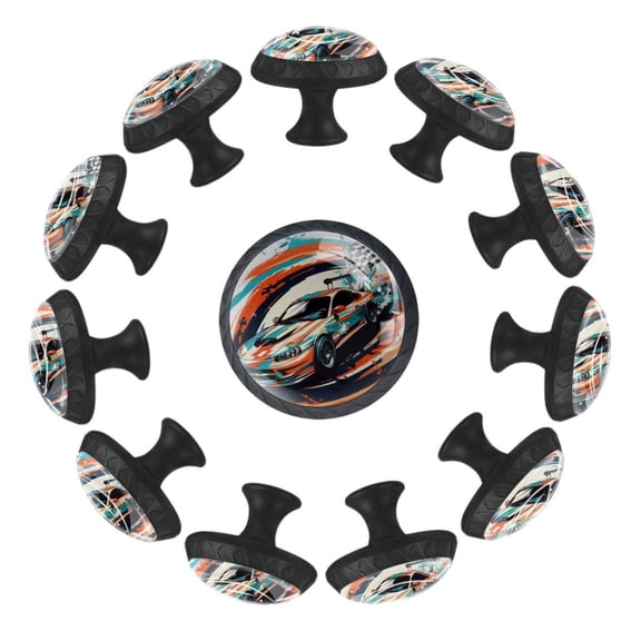 12 Pcs Cabinet Knobs Speeding Racing Car with Checkered Flag Racetrack, Round Crystal Glass Drawer Dresser Wardrobe Handles Pulls Door Cupboard Hardware Knob with Screws for Home Kitchen