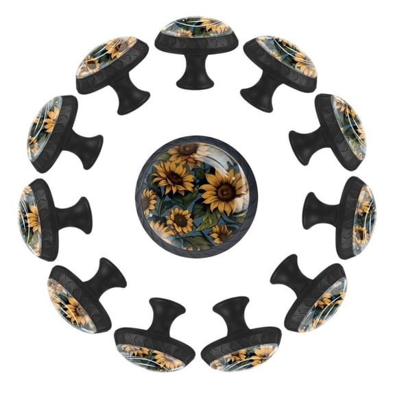 12 Pcs Cabinet Knobs Sunflower Flower Pattern, Round Crystal Glass Drawer Dresser Wardrobe Handles Pulls Door Cupboard Hardware Knob with Screws for Home Kitchen
