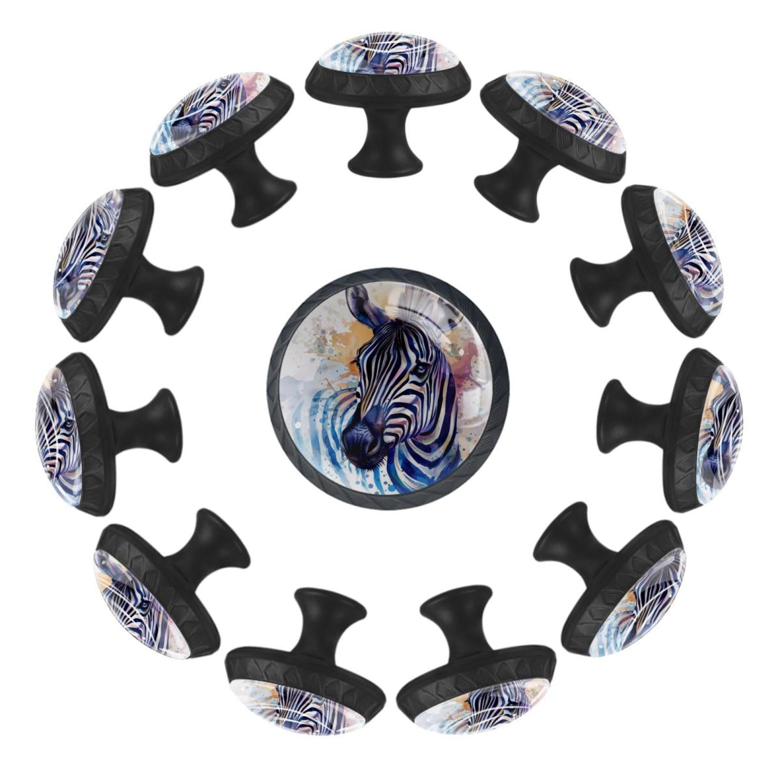 12 Pcs Knobs Watercolor Zebra Painting, Round Crystal Glass