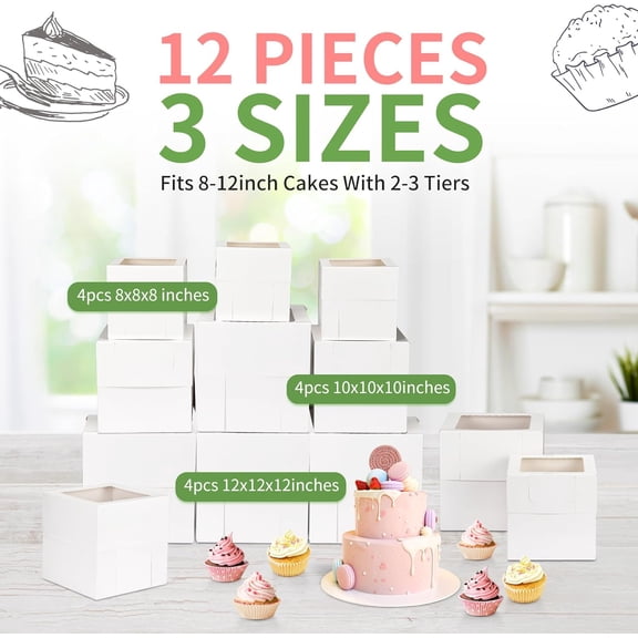 12 Pcs Cake Box, Tall Cake Boxes with Window in 3 Sizes 12x12x12 10x10x10 8x8x8 Inches, Bakery Boxes Disposable Carrier Take Out Container, 2 or 3 Tier for Valentine's Day Mother's Day