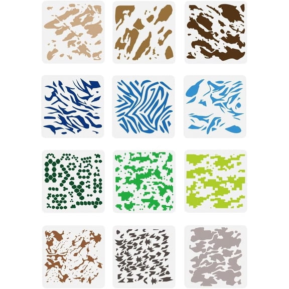 12 Pcs Camouflages Stencil 11.8x11.8" Reusable 12 Styles Camouflages Stencils Digital Camo Drawing Template Camo Theme Decoration Stencil for Painting on Wood Wall Fabric Furniture Colorful