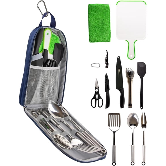 12 Pcs Camp Cooking Utensil Set & Outdoor Kitchen Gear Cookware Kit, Portable Compact Carry Case for Camping, Hiking, Travel, BBQ Grilling Stainless Steel Accessories Spoon & Fork, Navy