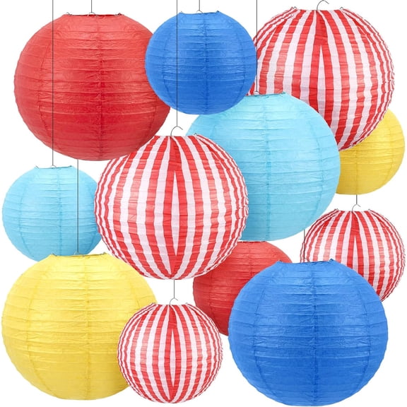 12 Pcs Carnival Circus Decorations Carnival Paper Lanterns Set Red Yellow and Blue Hanging Paper Lanterns for Circus Wedding Birthday Party Baby Shower Home Decoration
