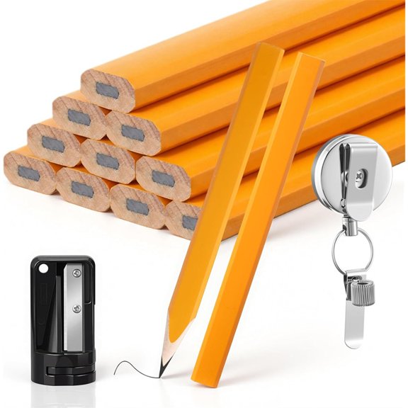 12 Pcs Carpenter Pencils 7 Inches Flat Octagonal Hard Construction Pencils with Sharpener 27.5'' Retractable Pull Pen