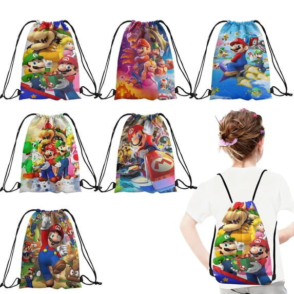 12 Pcs Cartoon Print Drawstring Backpack, Lightweight Sports Sackpack for Daily Use, Travel, and Birthday Party Decorations 27x34cm