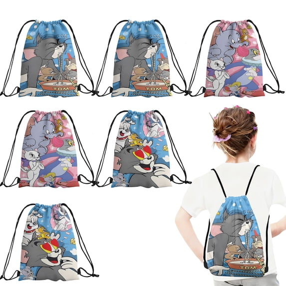 12 Pcs Cartoon Print Drawstring Backpack, Lightweight Sports Sackpack for Daily Use, Travel, and Birthday Party Decorations 27x34cm
