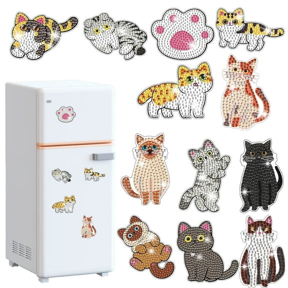 12 Pcs Cat Diamond Painting Magnets, DIY Adorable Fridge Magnets, Magnetic Diamond Art Kits for Adults and Creative Home Décor