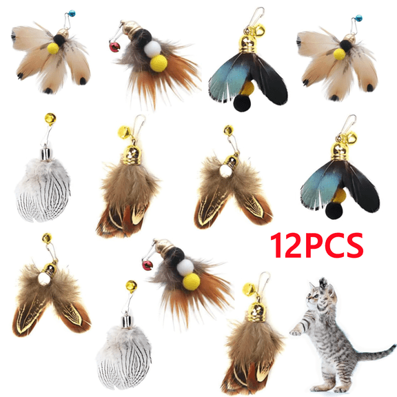 12 Pcs Cat Insect Feather Toy Wand Replacement,Cat Toys Feather Refills, Replacement Heads with Bells,Natural Feather Interactive Cat Toys