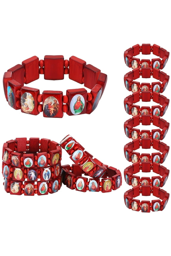 12 Pcs Catholic Wooden Rosary Bracelets for Men and Women, Red Saints Jesus Virgin Mary Prayer Bracelets for Daily Wear, Vintage Religious Stretch Bracelets for Baptism Communion and Church Gathering