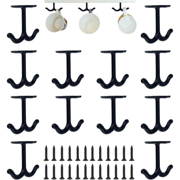 12 Pcs Ceiling Double Hook with Screws - Prong Wardrobe Towel Hook - Zinc Alloy Top Mount Hooks for Coat, Hat, Towel, Robe, Clothes, Kitchen Utensils Under Cabinet Shelf Hooks (Black)