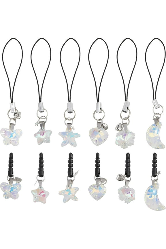12 Pcs Cell Phone Charm Strap and Dust Plug Stars and Moon Cell Phone Charm Strap Love Butterfly Flower Dustproof Plug for Cellphone Accessories Decor