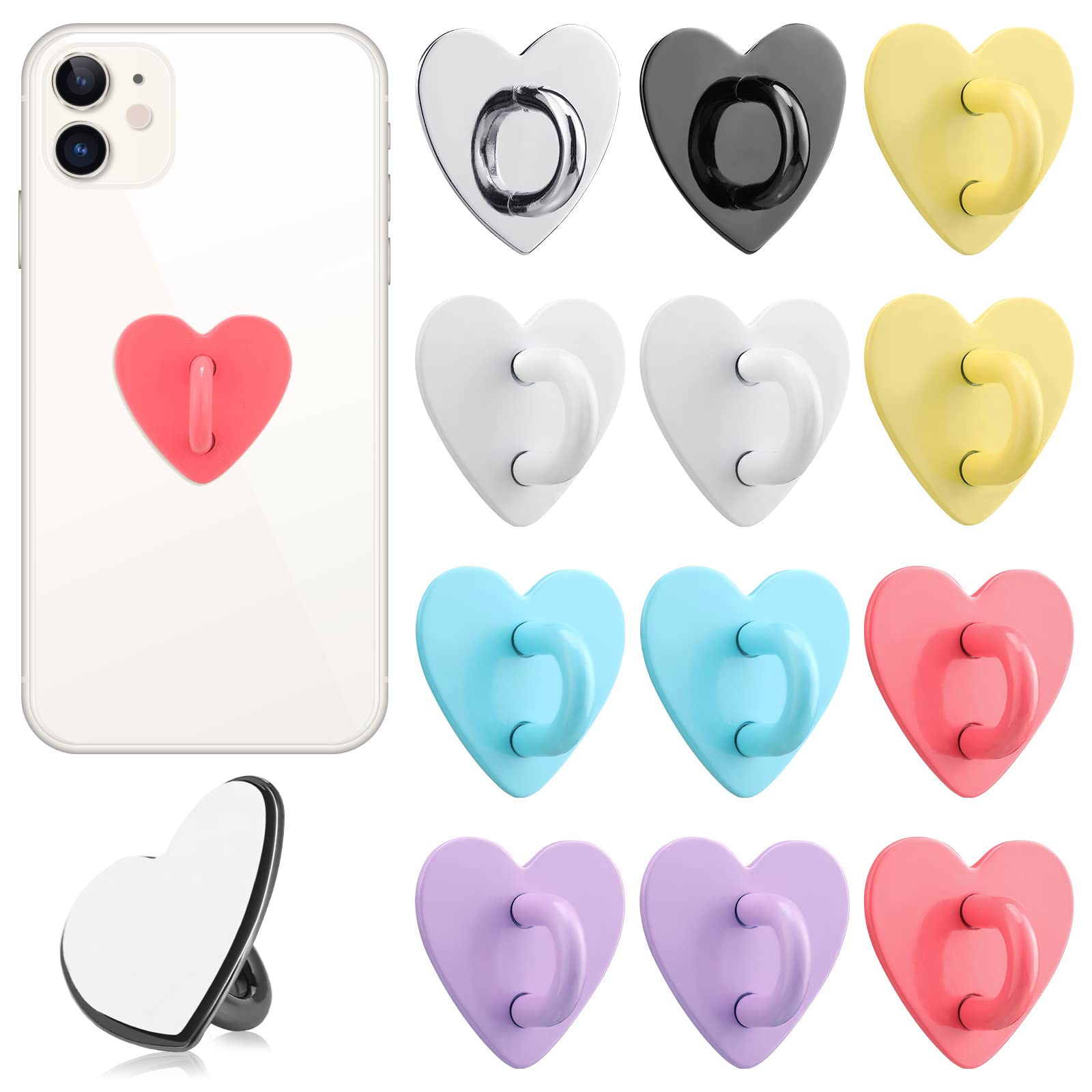 12 Pcs Cell Phone Finger Ring Adhesive Metal Phone Finger Grip Heart
