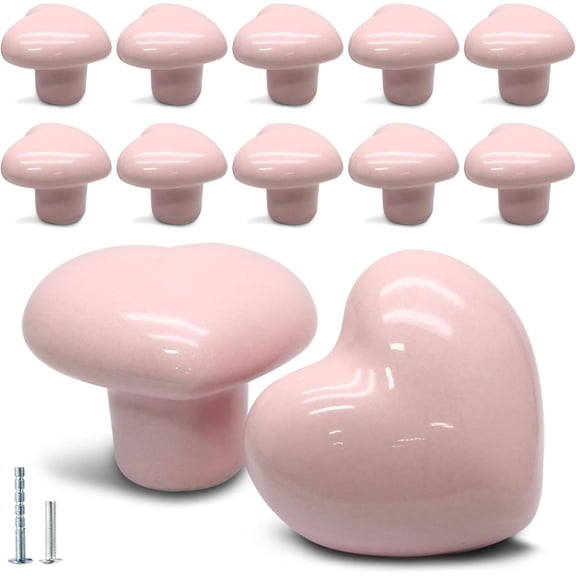 12 Pcs Ceramic Cabinet Knobs, Heart Shaped Adorable Drawer Pulls for Girls Bedroom, Kids Furniture, Kitchen Closet Cupboard Wardrobe Dresser Decorative Hardware (Powder Pink)