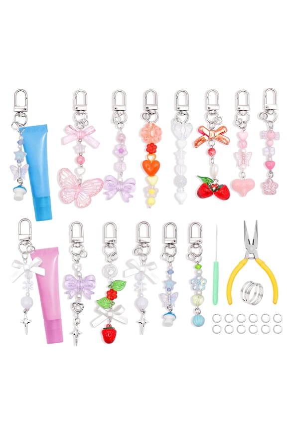 12 Pcs Charms Lip Gloss Keychain Making Kit,DIY Craft with Charms,Key Chain Hooks,Jump Rings,Lobster Clasps,Chains & Tools,Bag Charm Kit,Keychains Make Supplies for DIY Crafting and Jewelry Making