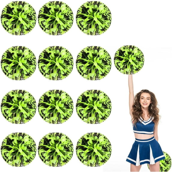 12 Pcs Cheerleading poms,pom poms Cheerleading with Finger Holes Metallic Foil Cheer Pom Pomsfor Dance, Matches, Team Spirit Sports (Black+Green)