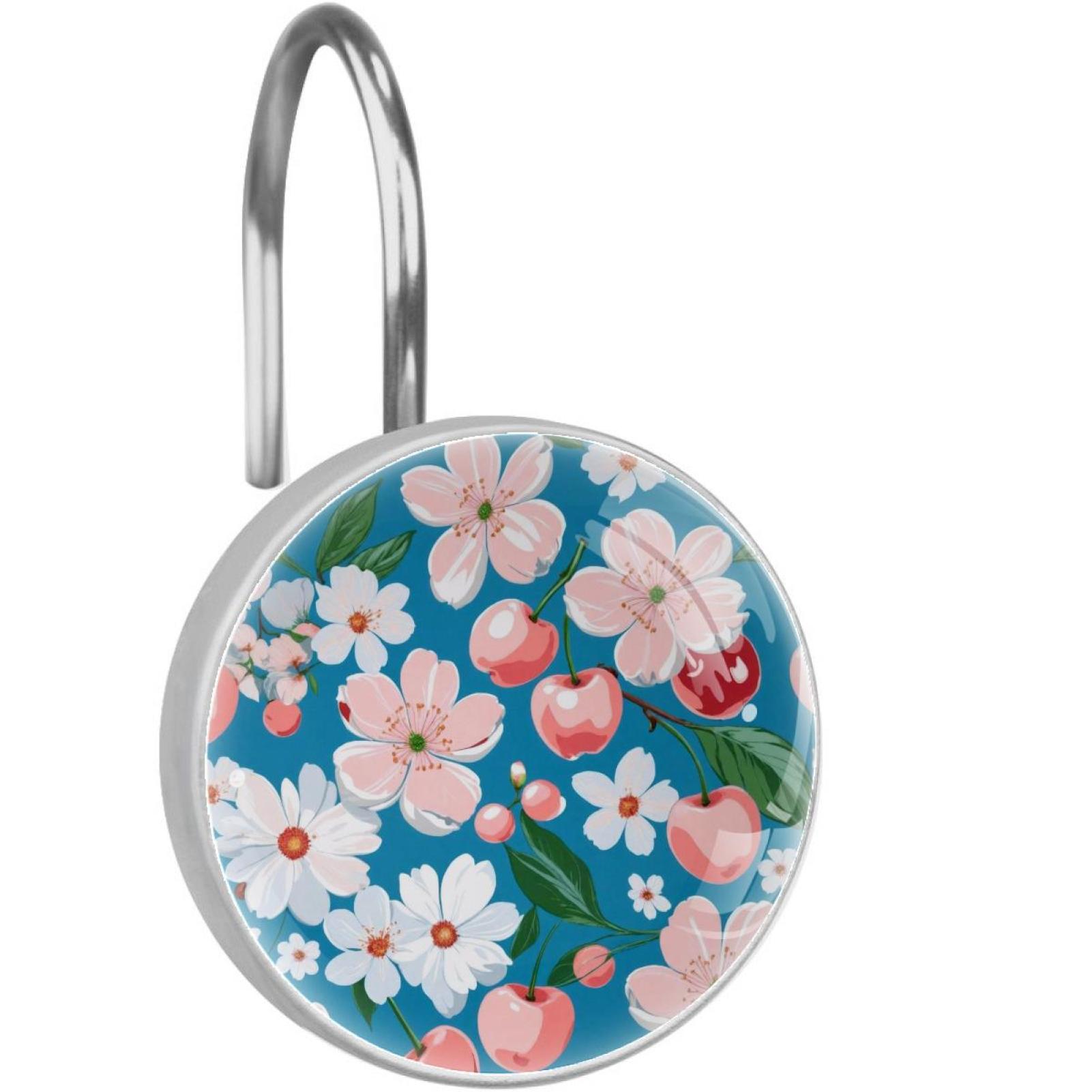 12 Pcs Cherry Fruit and Pink Flowers Rustproof Shower Curtain Hooks