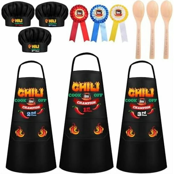 12 Pcs Chili Cook Off Chef Set- Chili Cookoffs Prizes 1st/ 2nd/ 3rd-Chilis Cook Off Trophies Ribbons Hats Aprons Spoons for Men Women Award Decorations$$Home Decor, Kitchen, & Other
