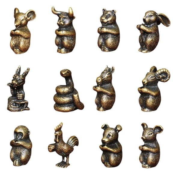 12 Pcs Chinese Zodiac Animals Set, Vintage Mini Zodiac Figurines for Home Decor Office Desk Display, Collectible Animal Statue Set for Chinese New Year Decoration