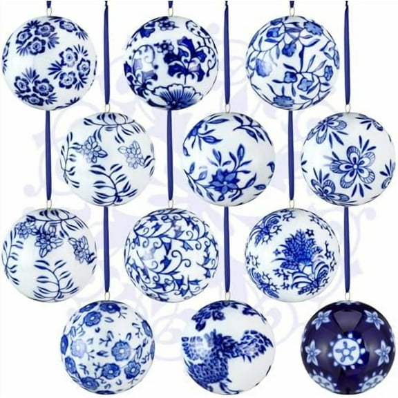 12 Pcs Chinoiserie Porcelain Ornaments for Christmas Tree White and Blue Porcelain Balls Ornaments 2.4 Inches Ceramic Hanging Balls Xmas Orbs with Ribbon for Home Decorations