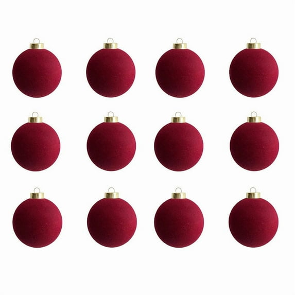 12 Pcs Christmas Ball Ornaments, 3.25Inch Burgundy Flocked Christmas Tree Balls Decorative Hanging Ornaments for Xmas Tree