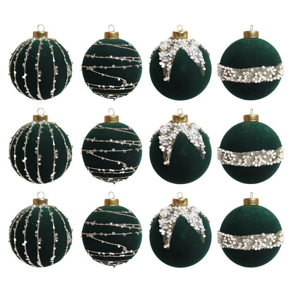 12 Pcs Christmas Balls for Christmas Tree Hanging Ornaments, Flocked and Beaded Christmas Ball Ornament for Christmas Tree Decor Christmas Decorations 2.36 Inch Green