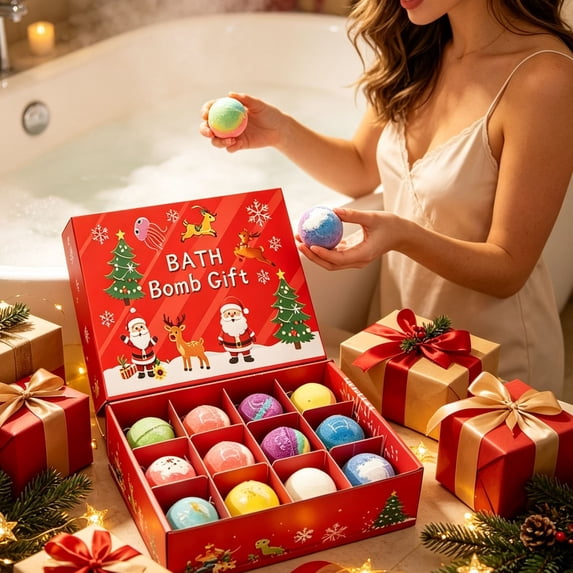 12 Pcs Christmas Bath Bombs Gift Set, Bath Fizzies with Surprise Hidden T-oys, Colorful Bubble Bath Balls Holiday Gift Box for Bath‑Lovers