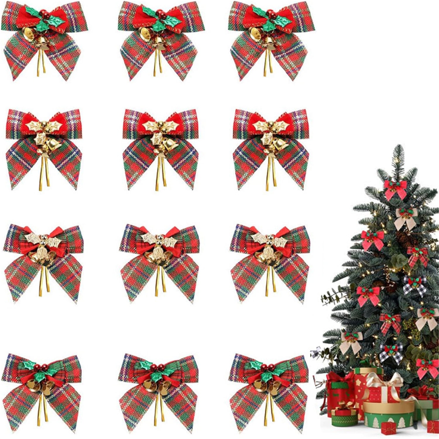 12 Pcs Christmas Bow Decorations,Bexikou Green & Red Plaid Burlap Wreaths Bows with Bells,Small Christmas Tree Bows for Wedding Party Farmhouse Decoration Ornaments