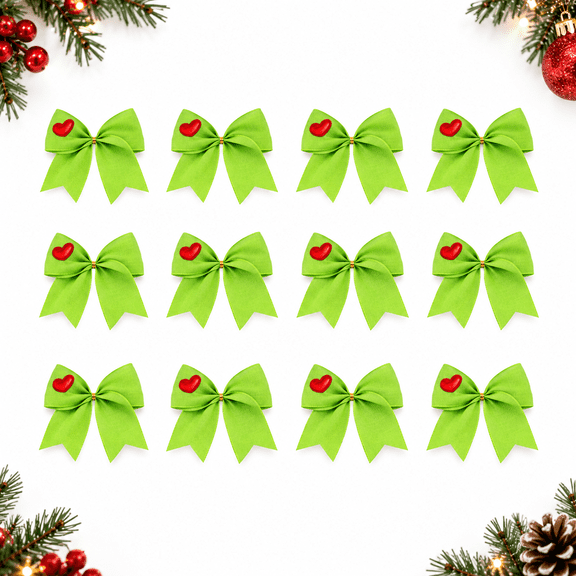 12 Pcs Christmas Bows,6 Inch Green Pre-Tied Bows with Red Heart Accent, Christmas Tree Wreath Bows for Garland Front Door Gift Wrapping Holiday Party Home Decor