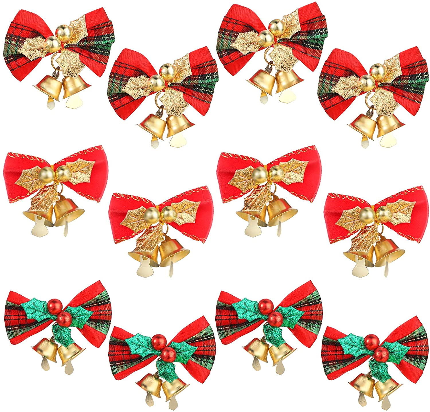 12 Pcs Christmas Bows With Bells Christmas Tree Bow Decorations Mini