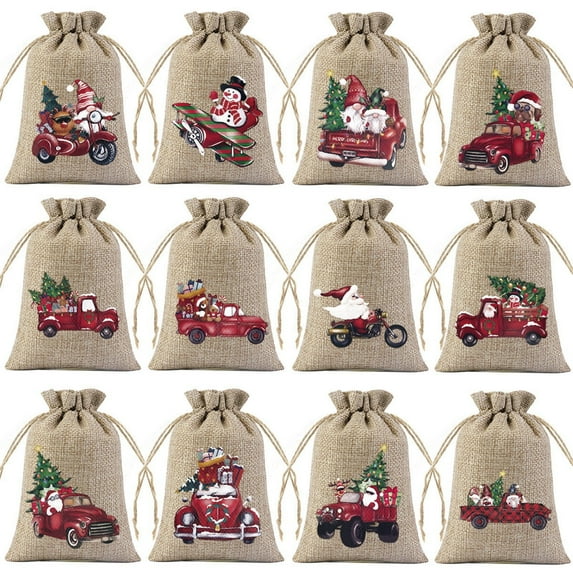 12 Pcs Christmas Burlap Gift Bags, Small Treat Goody Bags with Drawstrings for Christmas, Featuring 12 Designs for Xmas and New Year Party Favors and Supplies