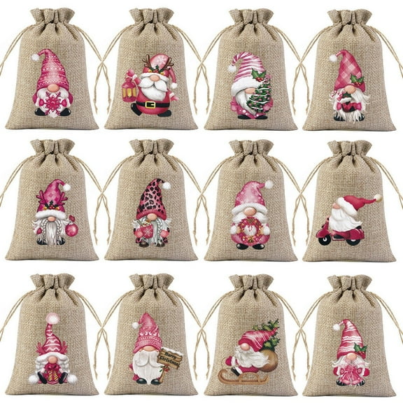 12 Pcs Christmas Burlap Gift Bags, Small Treat Goody Bags with Drawstrings for Christmas, Featuring 12 Designs for Xmas and New Year Party Favors and Supplies