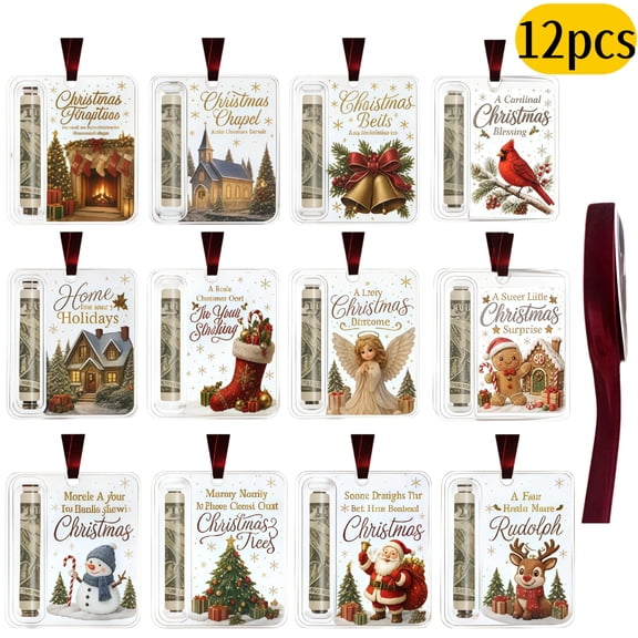 12 Pcs Christmas Cash Gift Ornament, Acrylic Money Holder for Cash, Clear Xmas Tree Hanging Decoration with Velvet Ribbon, Unique Stocking Stuffer Money Gift