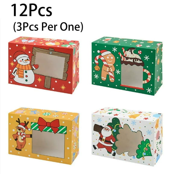12 Pcs Christmas Cookie Boxes with Clear Window, Holiday Bakery Box Goodie Box Candy Boxes Treat Containers for Food Cupcake Brownies Donuts Gift Giving, 4 Designs