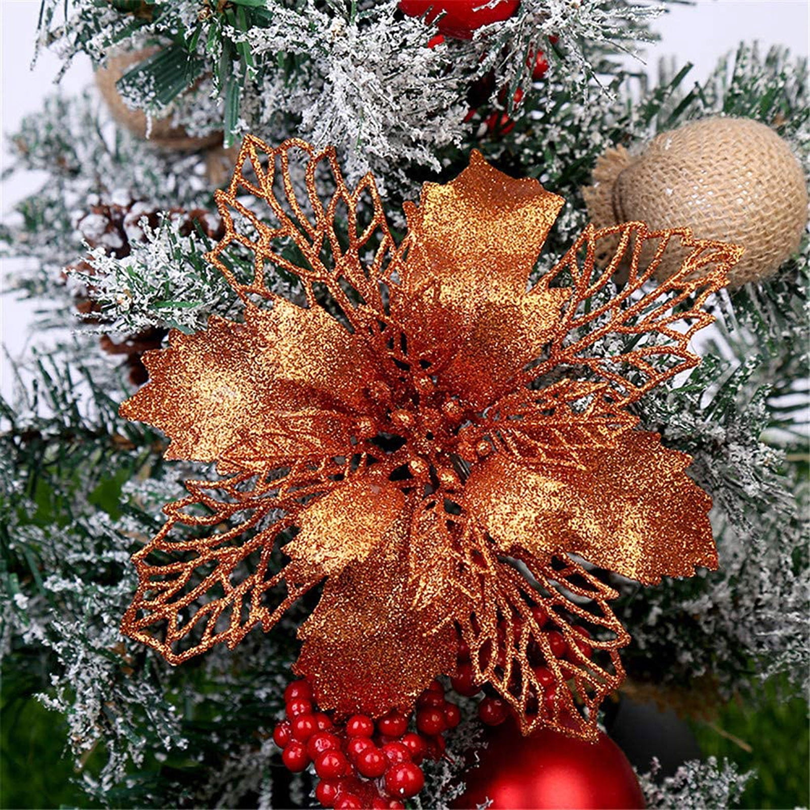 12 Pcs Christmas Flowers Artificial for Decoration 2023 Christmas Wreaths  Gift Box with 12Pcs Clips Glitter Poinsettia Flower Ornament 