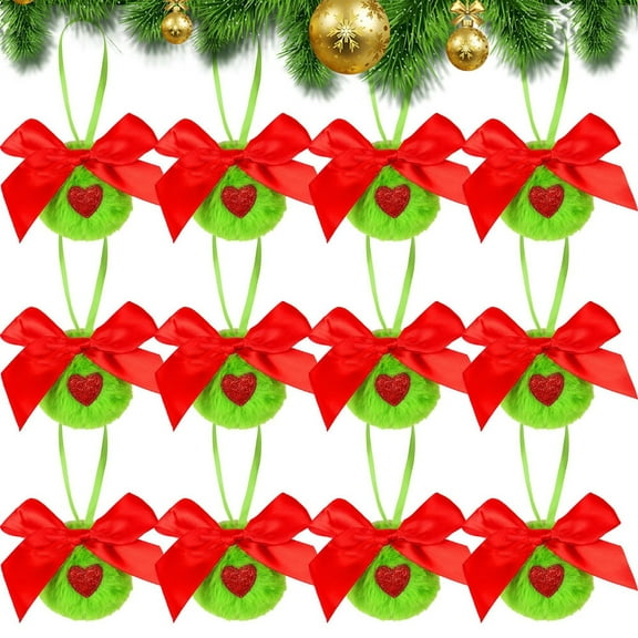 12 Pcs Christmas Green Ornaments Large Furry Ornaments Red and Green Wreaths Bows for Xmas Tree Decorations Faux Fur Ornaments for Window Front Door Indoor Outdoor Decor