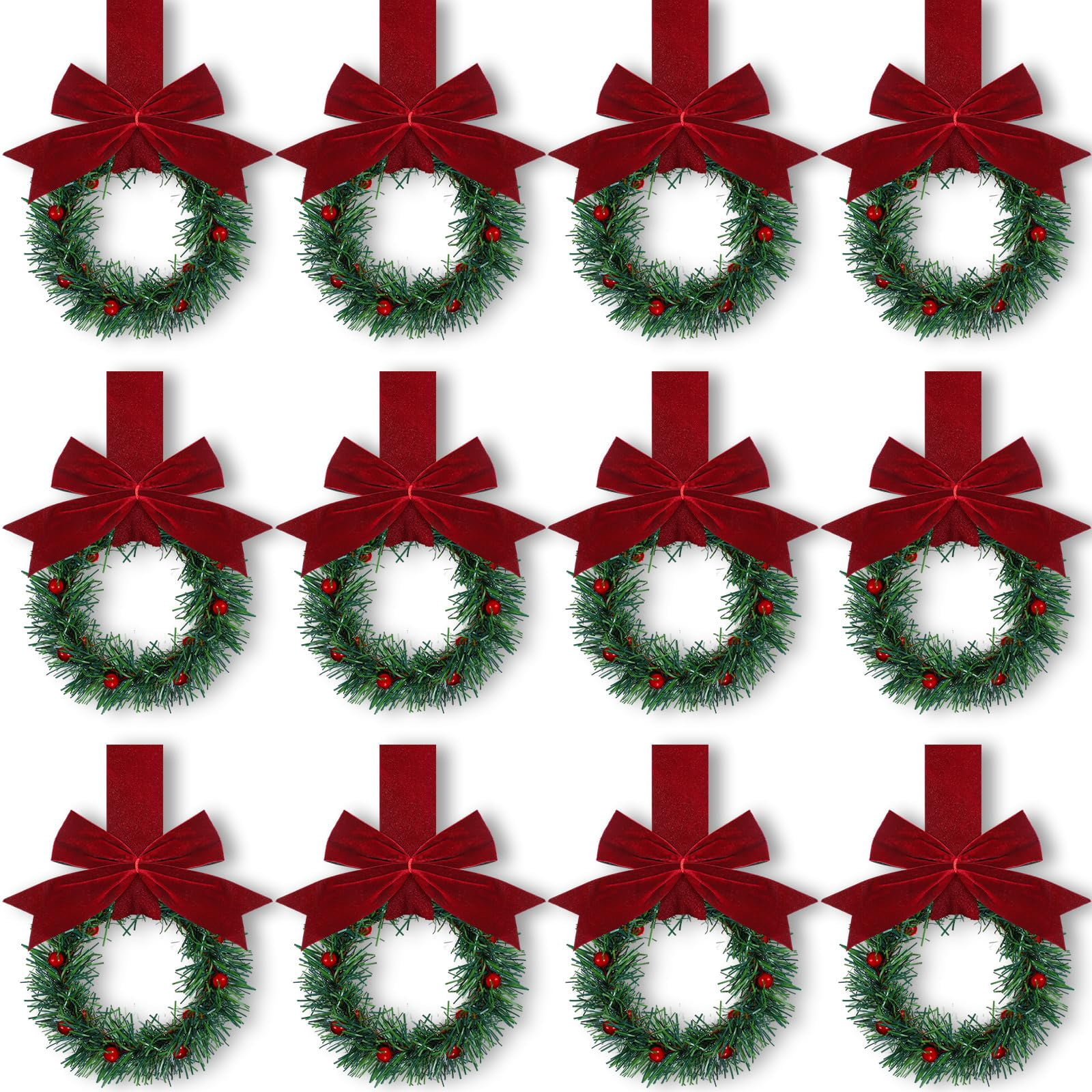 Retrowavy 12-Pack Mini Christmas Wreaths With Ribbon - Small Greenery Wreaths For Cabinets & Doors (Black Classic) - View #8