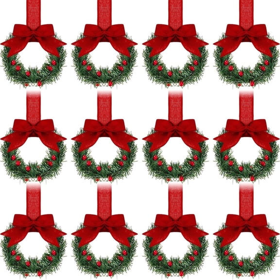 12 Pcs Christmas Kitchen Cabinet Wreaths with Ribbon 5.12 Inch Mini Christmas Wreath Small Kitchen Wreath Greenery Wreath for Window Door(Red Classic Bow)