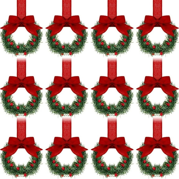 12 Pcs Christmas Kitchen Cabinet Wreaths with Ribbon 5.12 Inch Mini Christmas Wreath Small Kitchen Wreath Greenery Wreath for Window Door(Red,Classic Style)