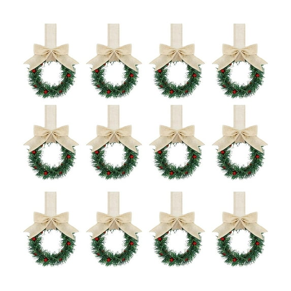 12 Pcs Christmas Kitchen Cabinet Wreaths with Ribbon 5.12 Inch Mini Christmas Wreath Small Kitchen Wreath Greenery Wreath for Window Door(White)